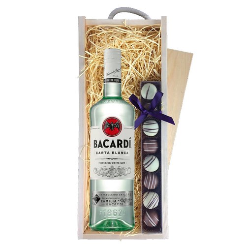 Bacardi Carta Blanca Rum 70cl & Heart Truffles, Wooden Box